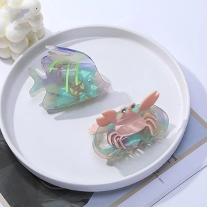 Set de pinces à cheveux marine avec motifs poissons et crabes irisées en acétate