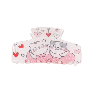 Pinza per capelli crema con gatti e cuori a cartone animato, design con denti multipli