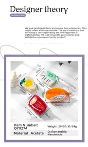 Food-themed acetate hair claws showing dimensions of milk and egg designs