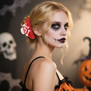 Halloween bat-shaped red hair claw clip with skull decoration and sparkling rhinestone eyes