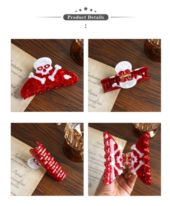 Detailed views of a dark red acetate skull hair claw clip for Halloween party styles
