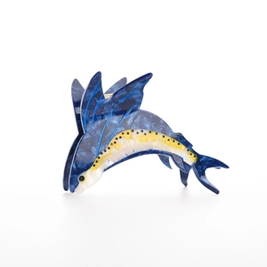 Pinza per capelli in acetato blu marmorizzato con design creativo a forma di pesce volante
