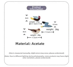 Detailed size chart for acetate parrot hair claws showing weight and length dimensions