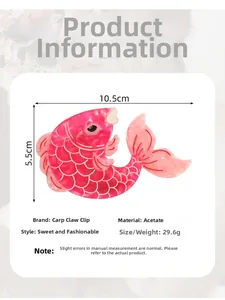 Detail of pink acetate carp hair claw clip showing scales texture and dimensions info