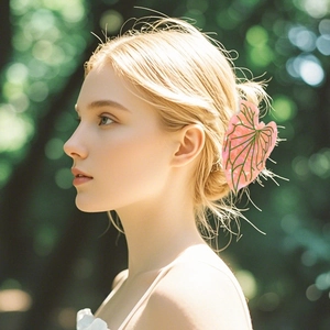 Detailed view of a pink leaf-shaped acetate hair claw clip with green vein patterns