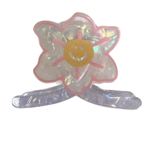 Pince à cheveux fleur irisée mignonne avec bords roses et motif visage souriant jaune