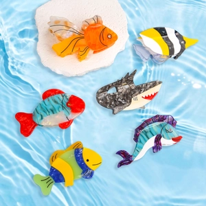 Ocean series acetate hair clips in tropical fish and shark shapes with rhinestone accents