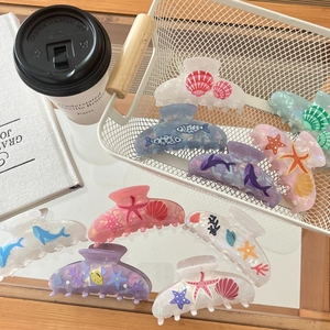 Acetate ocean starfish shark hair claw clips set with sea life patterns and pearly finish