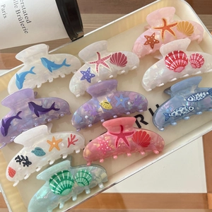 Ocean Series Cellulose Acetate Hair Claw Clip For Women Artificial Pearl Luster Starfish Shell Sea Life Large Shark Clip Hair Accessory