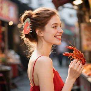 Pince à cheveux ludique en forme de homard avec strass portée par un mannequin en extérieur