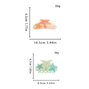 Detailed dimensions and weights for starfish pearl hair claws in pink and blue tones