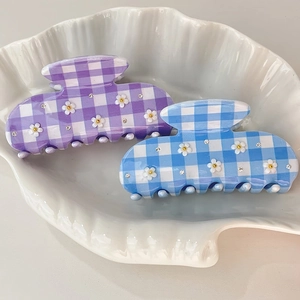 Floral plaid hair clips set with blue and purple acetate flower claw clips and rhinestones