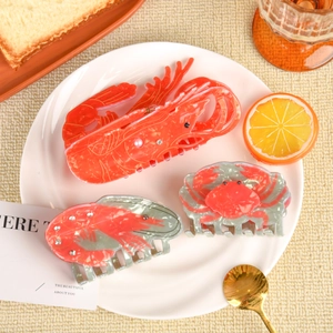 Pince à Cheveux Créative Animal Marin Homard Crevette pour Femme en Acétate avec Décor de Künstliche Perles et Strass Accessoire Cheveux