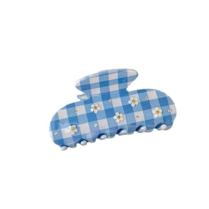 Blue plaid hair claw clip with 3D white daisies and small sparkling rhinestones