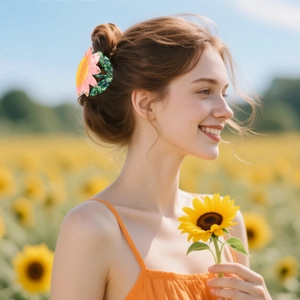 Molla per capelli a forma di girasole in acetato rosa e giallo indossata da una donna