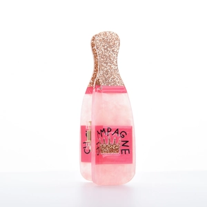 Pink acetate champagne bottle hair claw clip with gold glitter and crown logo detail