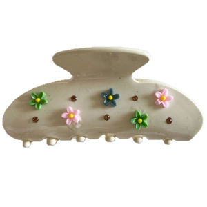 Beige acetate flower hair claw clip with colorful floral motifs and rhinestones