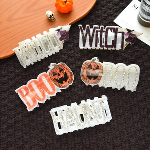 Halloween skull and pumpkin shark clips with rhinestones for festive hair styling