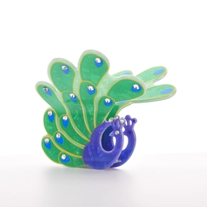 Elegant peacock claw clip in green and purple resin with sparkling rhinestones decoration