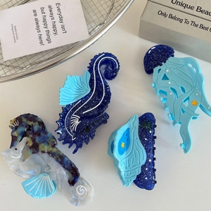 Seahorse and jellyfish ocean themed acetate hair claws set with glitter accents