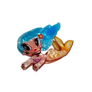 Cartoon mermaid claw clip made of pearlescent acrylic with blue hair and orange tail