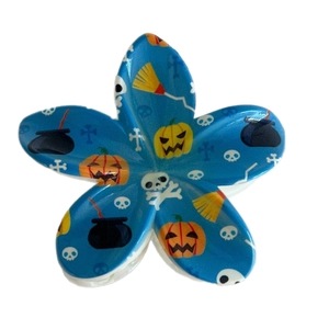 Pince à cheveux fleur bleue avec motifs citrouille et crâne d'Halloween, fini brillant