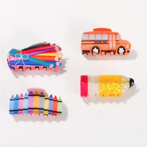 Cartoon school bus and pencil hair claw clip set made of premium acetate fiber