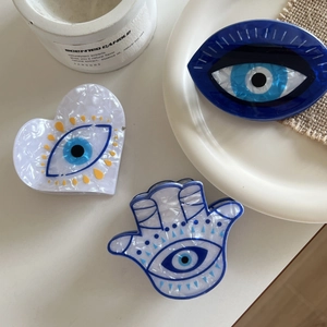Blue Evil Eye hair claw clip set with Hamsa and heart shapes in acetate marble finish