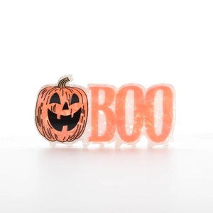 Halloween pumpkin hair claw clip with BOO lettering and marble texture finish