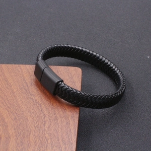 Men's vintage braided black leather bracelet with a matte black magnetic metal clasp