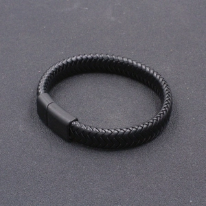 Minimalist black braided leather bracelet for men with matte black magnetic metal clasp