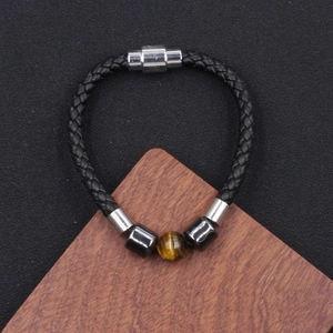 Bracelet en Cuir Tressé Punk pour Hommes Avec Perles en Pierre Œil de Tigre Fermoir Magnétique Alliage Bijoux de Main Géométriques