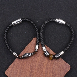 Bracelet pour homme en cuir avec perles d'oeil de tigre et fermoir magnétique