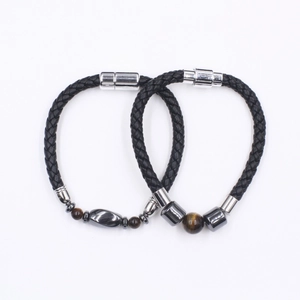 Bracelet pour homme en pierre d'oeil de tigre naturelle avec cordon tressé noir et fermoir magnétique