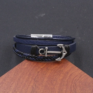 Vintage Men Multi-layer Leather Bracelet Alloy Anchor Charm Nautical Punk Hand-woven Braided Wristband Magnetic Clasp Jewelry Gift