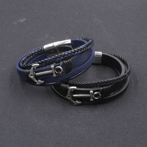 Nautical multilayer braided leather anchor bracelet for men with magnetic metal clasp