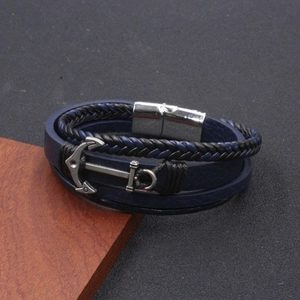Men's multilayer navy leather nautical bracelet with vintage silver anchor charm and magnetic clasp