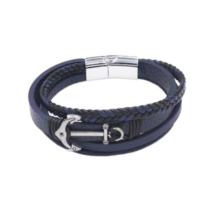Multilayer braided leather anchor bracelet with silver magnetic clasp for men