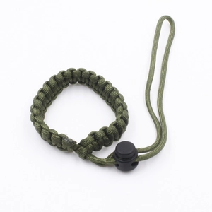 Army green paracord camera wrist strap with black adjustable spring toggle clasp