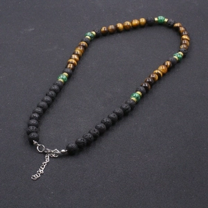 Collier en perles d'œil de tigre et pierre de lave avec entretoises dorées et chaîne réglable