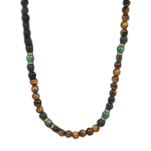 Collier en perles d'œil de tigre et lave avec accents verts et séparateurs dorés sur blanc