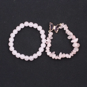 Natural Amethyst Rose Quartz Crystal Beaded Bracelet Alloy Butterfly Pendant Elastic Rope Bohemian Jewelry For Women Daily