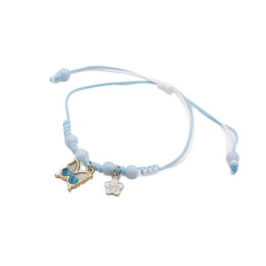 Minimalist woven butterfly and flower charm bracelet in light blue and white cord
