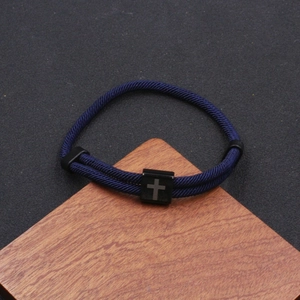 Classic blue braided cross bracelet with adjustable black stainless steel square bead