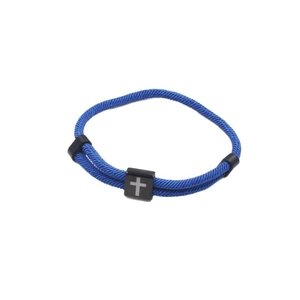 Classic blue braided rope bracelet with a black square cross charm and adjustable band