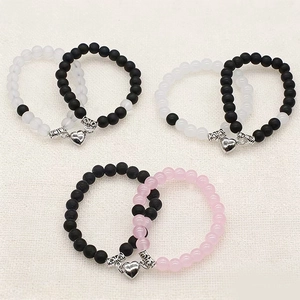 Lot de 3 bracelets magnétiques 8mm pour couple avec cœur et perles turquoise blanc