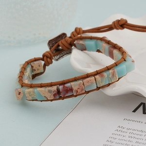 Bohemian imperial stone leather bracelet with handcrafted woven beads and vintage metal clasp