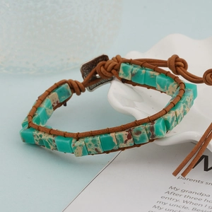 Bohemian imperial stone wrap bracelet with turquoise square beads and leather cord