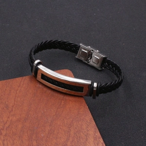 Men's Vintage Braided Leather Bracelet With Hollow Stainless Steel Plate Geometric Punk Style Casual Wristband Jewelry