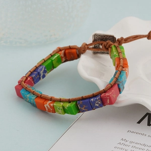 Bohemian Handmade Natural Emperor Stone Leather Weaving Bracelet Vintage Ethnic Square Bead Wrap Bracelet For Women Jewelry